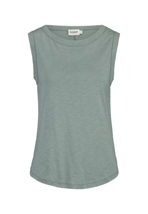 Mouwloze, licht saliegroene top met een ronde hals, subtiele textuur, getailleerde pasvorm en een gebogen zoom.