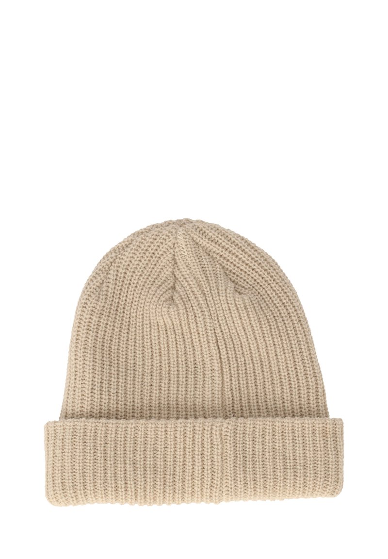 Beige gebreide muts met een opgerolde rand, voorzien van een textuur patroon en een zacht gestructureerde top. Ontworpen voor warmte en comfort.