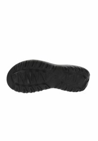Suole di scarpe in gomma nera con un motivo di battistrada testurizzato. Presenta scanalature e creste per aderenza e durata. Finitura liscia complessiva.