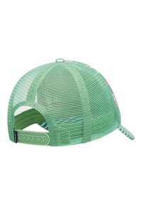 Gorra de béisbol verde con diseño floral, visera curvada, cierre ajustable tipo snapback y acentos a rayas en el reverso de la visera.