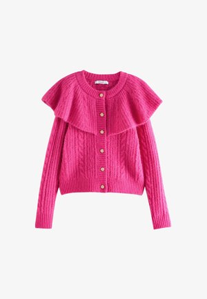 Rosa gestrickte Strickjacke mit Rüschensaum, Kabelstrickstruktur, langen Ärmeln und dekorativen goldenen Knöpfen auf der Vorderseite.