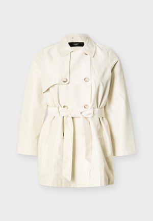 Off-white dobbelspent trenchcoat med vid krage, knappedetaljer og et knyttet midjebelte, vist på ensfarget bakgrunn.
