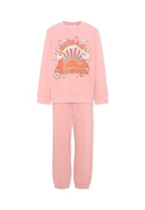 Różowy zestaw dresowy dla dziewczynek z kolorową grafiką słońca i chmury oraz tekstem "Stella McCartney" z przodu.