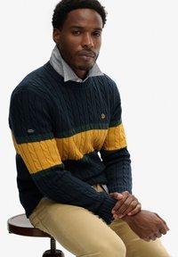 Granatowy sweter w warkoczowy splot z żółtymi i zielonymi poziomymi paskami, noszony na koszuli z kołnierzykiem. Zawiera logo na piersi.