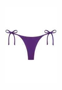 Chiloți de bikini mov cu închidere cu cravată pe fiecare parte, având un design minimalistic și o textură netedă.