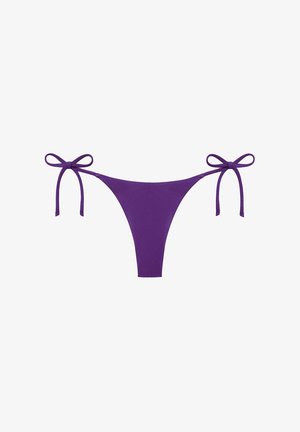 Purple bikini bottoms with tie closures on each side, featuring a minimalistic design and smooth texture.