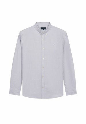 Chemise à manches longues rayée à boutons en bleu clair et blanc, avec un col, une patte de boutonnage à l'avant et un petit logo brodé sur la poitrine.