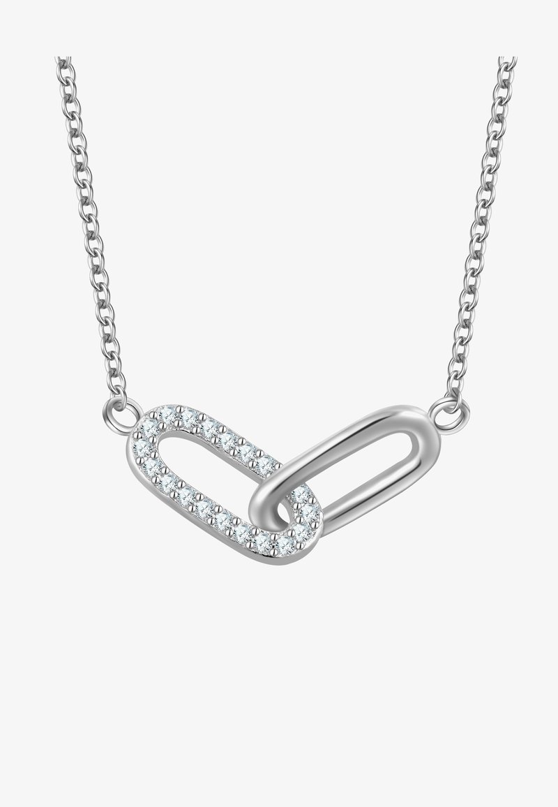 Srebrna ogrlica s povezovalnim dizajnom, pri čemer je en povez obogaten s prozornimi kristali, in fina zapirala za nošenje.