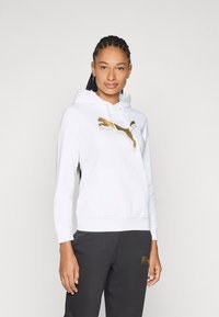 Haut à capuche blanc avec un logo Puma doré sur la poitrine, comportant une poche avant, un cordon de serrage pour la capuche et des poignets et un ourlet côtelés.