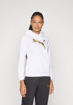 Hanorac alb cu un logo auriu Puma pe piept, dotat cu o buzunare frontală, glugă cu snur și mânici și tiv din tricot.