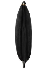 Czarna zamszowa kopertówka o wyważonym kształcie, z bezpiecznym zapięciem u góry i gładkim wnętrzem. Prosty, fakturowany design zewnętrzny.