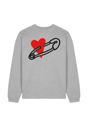 Grijze sweatshirt met een rood hart en een zwart veiligheidsspeldontwerp. Katoenen materiaal, lange mouwen, ronde halslijn, ribgebreide manchetten en zoom.