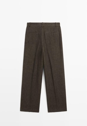 Dark brown wool blend trousers with belt loops, two back welt pockets, and a straight-leg cut.