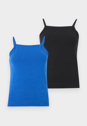 Deux débardeurs sans manches à fines bretelles, l'un bleu royal à l'avant et l'autre noir à l'arrière, sur un fond uni gris clair.