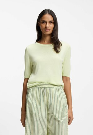 Kvinde med langt mørkt hår iført en lysegrøn kortærmet sweater og løse, stribede bukser med vide ben mod en hvid baggrund.