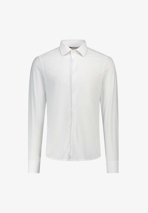 Camicia bianca a maniche lunghe con bottoni, realizzata in tessuto liscio, con collo classico, patta con bottoni e polsini singoli. Design semplice e moderno.