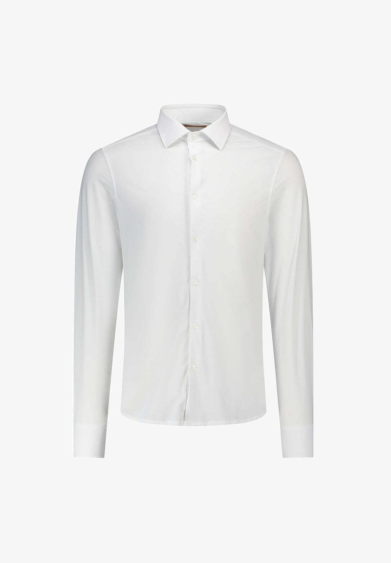 Camicia bianca a maniche lunghe con bottoni, realizzata in tessuto liscio, con collo classico, patta con bottoni e polsini singoli. Design semplice e moderno.