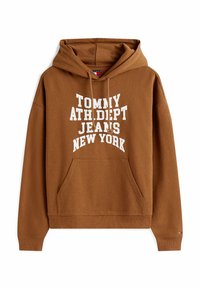 Sweat à capuche marron avec une poche avant, des cordons de serrage et un texte blanc indiquant "TOMMY ATH.DPT JEANS NEW YORK." Fabriqué en tissu doux et texturé.