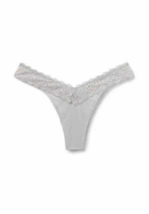 Gray thong with lace trim at the waistband, featuring floral patterns and scalloped edges, made from a soft, stretchy material.