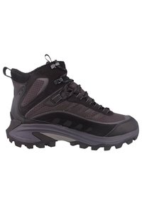 Czarne buty trekkingowe o wysokim kroju, z teksturowanym syntetycznym wierzchem, gumową podeszwą oraz bezpiecznym systemem sznurowania z zaciskami.