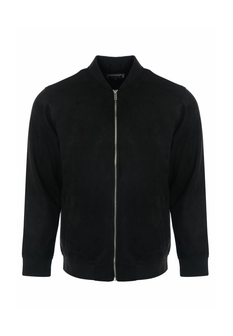 Giacca bomber in suede nero con zip frontale, polsini e orlo a coste. Presenta un colletto classico e una texture liscia su tutta la superficie.
