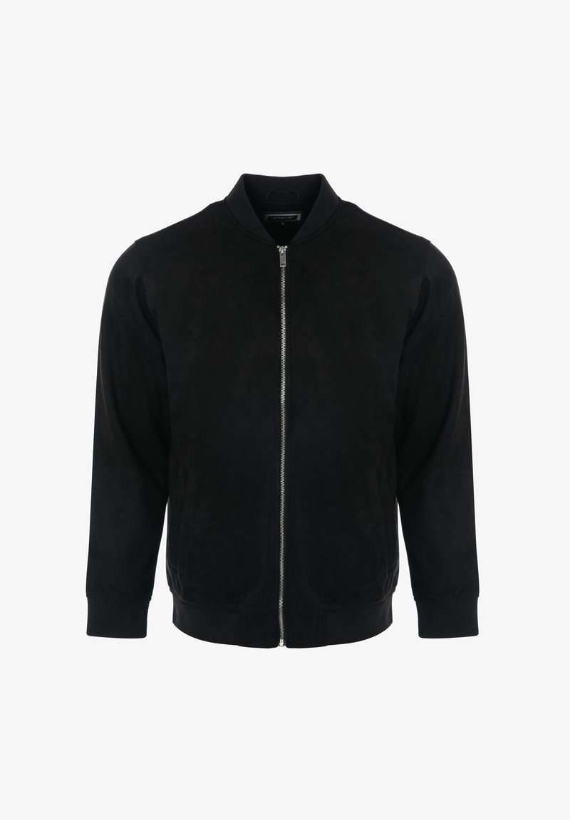 Giacca bomber in suede nero con zip frontale, polsini e orlo a coste. Presenta un colletto classico e una texture liscia su tutta la superficie.
