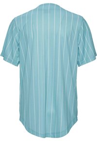 Camicia azzurro chiaro a maniche corte con strisce verticali bianche. Presenta un colletto rotondo e un tessuto morbido e traspirante. Vista dal retro mostrata.