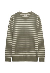 Suéter verde a rayas con líneas horizontales blancas, cuello redondo, mangas largas, puños y bajo acanalados, confeccionado en tejido suave.