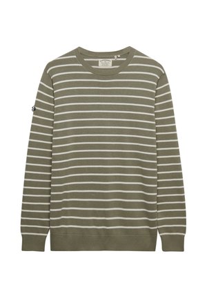 Groen gestreepte trui met witte horizontale lijnen, ronde hals, lange mouwen, geribbelde manchetten en zoom, gemaakt van zachte stof.