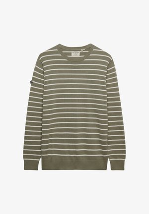 Green striped sweater with white horizontal lines, round neck, long sleeves, ribbed cuffs and hem, made from soft fabric.