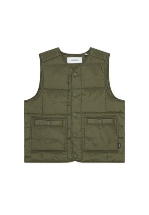 Olivengrøn vatteret vest med knaplukning foran, quiltet tekstur og to forlommer. Har en rundet halsudskæring og er ærmeløs.