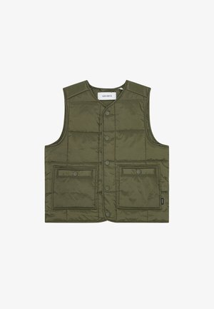 Alyvuogių žalios spalvos pūstas liemenė su sagomis priekyje, siuvinėta tekstūra ir dviem priekinėmis kišenėmis. Turi apvalią iškirptę ir be rankovių.