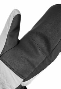 Schwarze Lederhandschuhe mit strukturiertem Handflächenbereich und grauen Stoffakzenten. Verfügt über eine verstärkte Naht und eng anliegende Handgelenke.