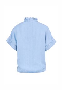 Light blue short-sleeve denim top with a ruffled collar and rolled cuffs. Features a relaxed fit and a straight hem at the back.