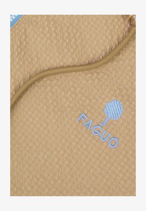 Beige textured fabric with a brown drawstring and light blue embroidered tree logo above the word "FAGUO".