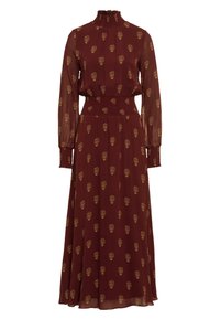 Robe marron à manches longues avec col montant à volants, taille élastique, manches à revers et motifs cachemire dorés sur tout le tissu.