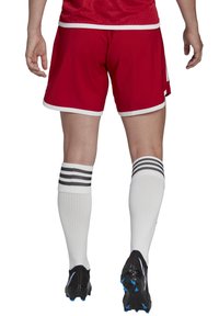 Rote Sportshorts mit weißen Besätzen, kombiniert mit knielangen weißen Socken mit schwarzen Streifen. Schwarze Fußballschuhe mit blauen Akzenten.