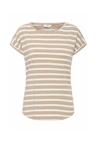 T-shirt à manches courtes beige et blanche à rayures, avec un col rond et un ourlet courbé, fabriqué en tissu doux.