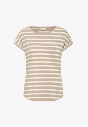 Bēša un balta svītrota īsās piedurknes T-krekls ar noapaļotu kakla izgriezumu un izliekta apakšmala, izgatavots no mīksta auduma.