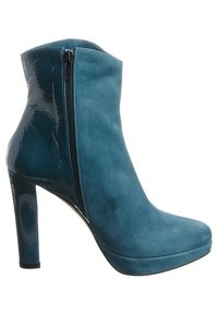 Teal suede ankle boot with a high glossy heel, side zipper, and smooth texture, featuring a platform sole for added height.