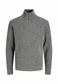 Pullover grigio lavorato a maglia con colletto alto e chiusura a zip quarti. Caratterizzato da un tessuto testurizzato e maniche lunghe. Design semplice e uniforme.