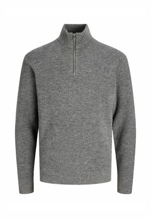 Grijze gebreide trui met een hoge kraag en een kwart rits sluiting. Bevat een gestructureerde stof en lange mouwen. Eenvoudig, uniform ontwerp.