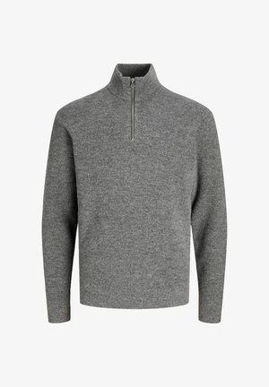 Grijze gebreide trui met een hoge kraag en een kwart rits sluiting. Bevat een gestructureerde stof en lange mouwen. Eenvoudig, uniform ontwerp.