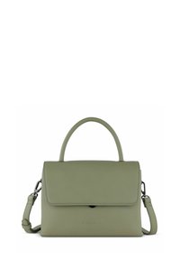 Borsa a tracolla verde in pelle con manico superiore e tracolla regolabile. Presenta una chiusura a pattina e un logo impresso sulla parte frontale.