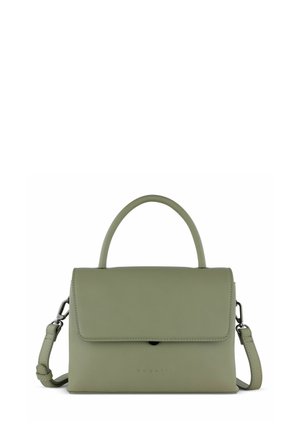 Green leather handbag with a top handle and adjustable shoulder strap. Features a flap closure and embossed logo on the front.