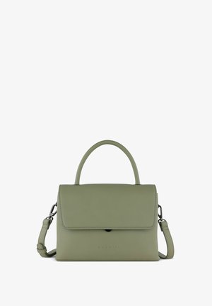 Green leather handbag with a top handle and adjustable shoulder strap. Features a flap closure and embossed logo on the front.