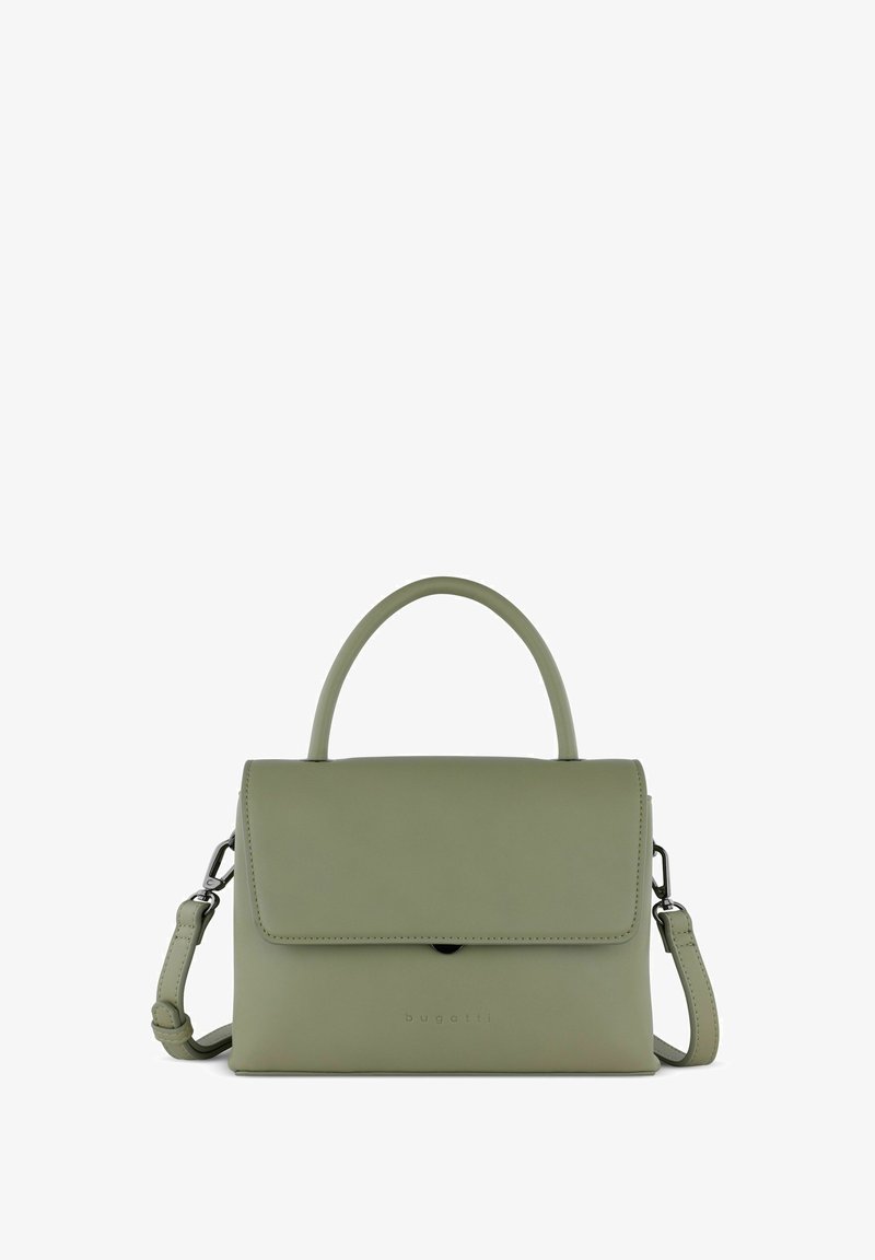 Borsa a tracolla verde in pelle con manico superiore e tracolla regolabile. Presenta una chiusura a pattina e un logo impresso sulla parte frontale.