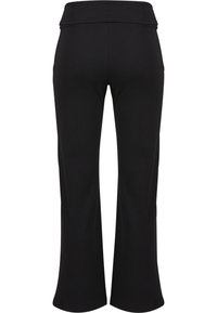 Schwarze weite Hose mit tailliertem Bund, von hinten auf weißem Hintergrund gezeigt, ohne sichtbare Verschlüsse oder Taschen.