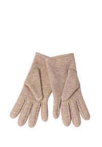 Braune sweaterartige Handschuhe mit einer weichen Textur, fünf Finger Design und einem gut sitzenden Handgelenkbereich für Wärme und Komfort.