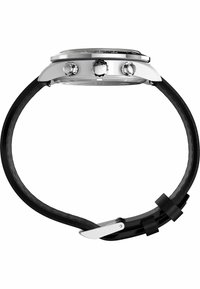 Silver metal watch with a black bezel, two silver pushers, and a black leather strap featuring a smooth texture and a stainless steel buckle.